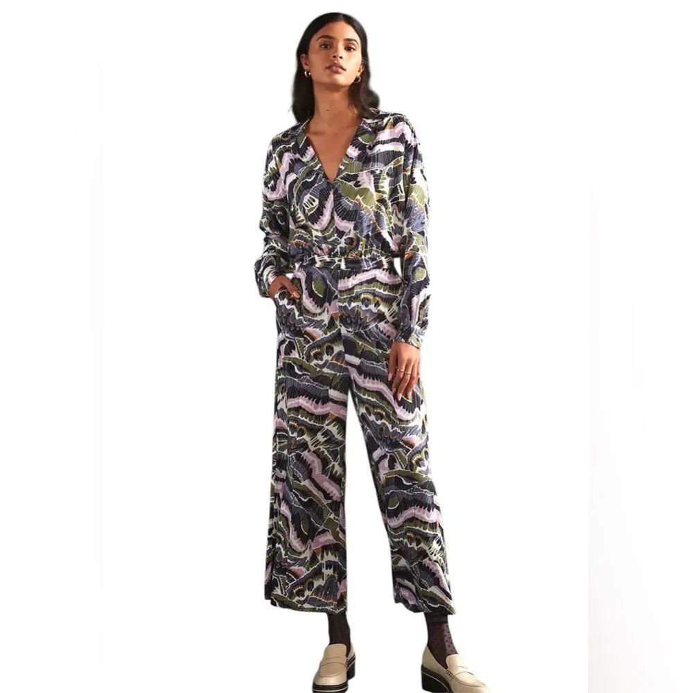 Anthropologie Bodysuit & Pants Set Open Back Abstract Print Size 4